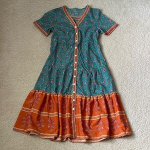 Floral Button-Down Dress in Teal and Orange